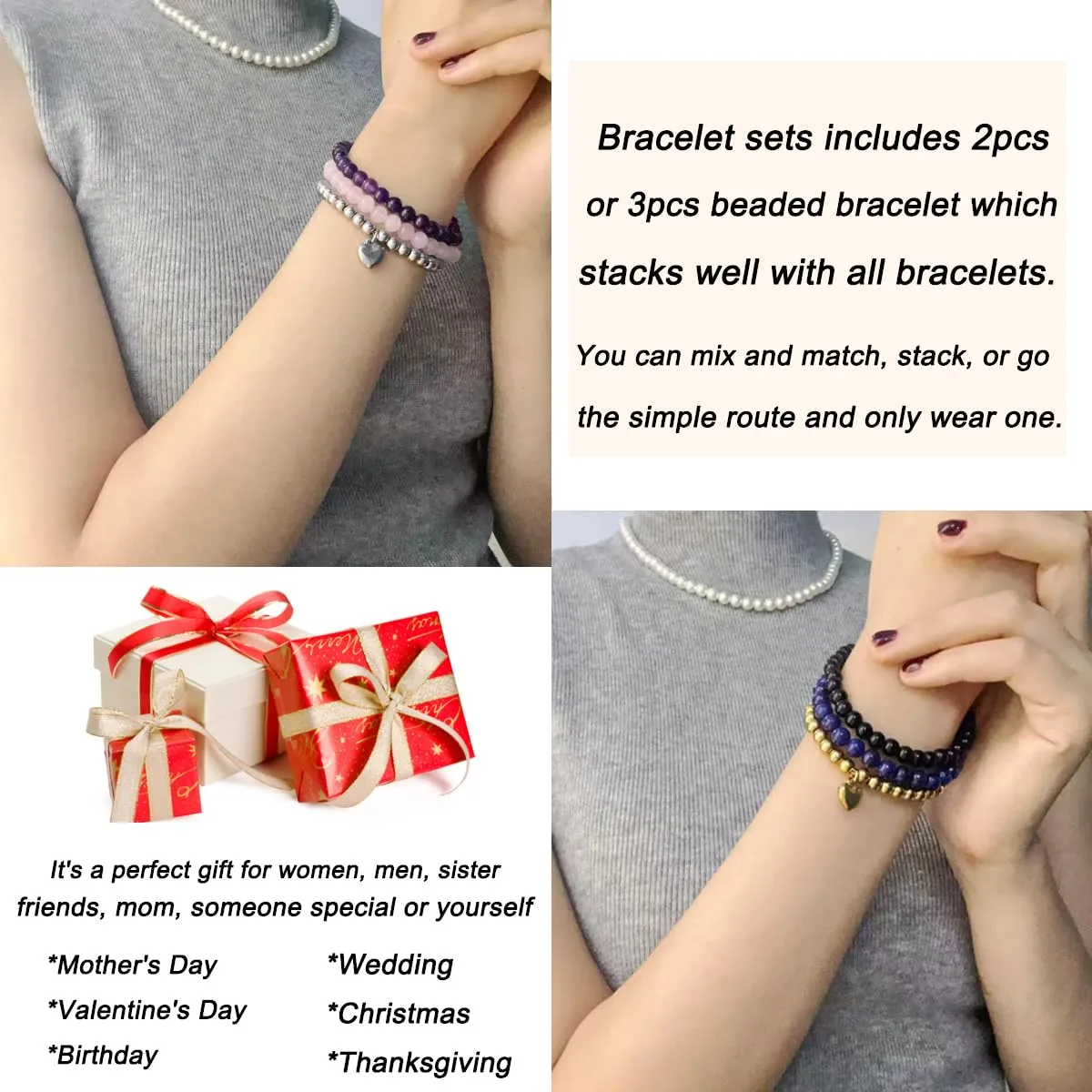 Beaded Bracelets for Women, 6mm Silver Beaded Bracelets and Healing Crystal Bracelet, Protection Bracelets for Women, Love Heart Charms Bracelet (Silver, A)