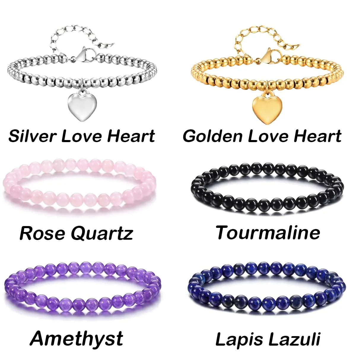 Beaded Bracelets for Women, 6mm Silver Beaded Bracelets and Healing Crystal Bracelet, Protection Bracelets for Women, Love Heart Charms Bracelet (Silver, A)