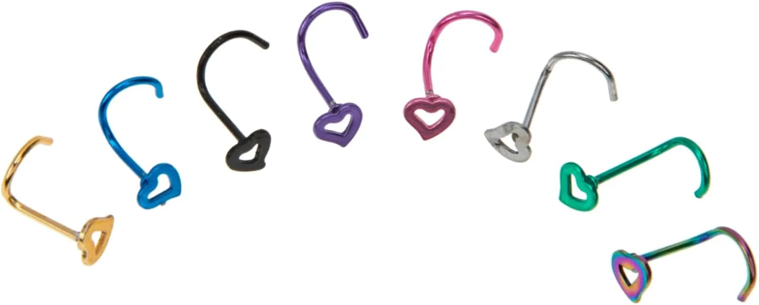 Beaupretty 8Pcs Shaped Stainless Steel Nose Rings Heart and Designs Stylish Jewelry for Women Non Allergic and Comfortable Piercings for Daily Wear and Parties