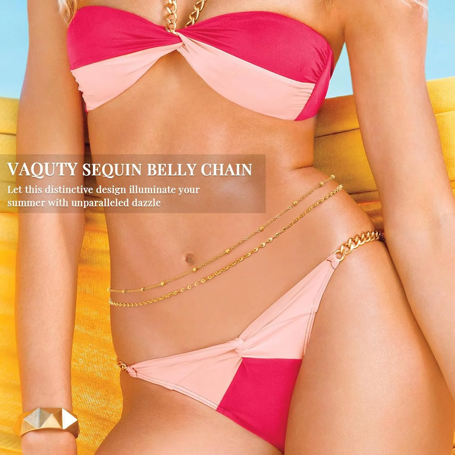 Belly Chain for Women Gold Layered Sequins Waist Chains Adjustable Beads Body Chain Body Jewelry Accessories for Bikini Beach