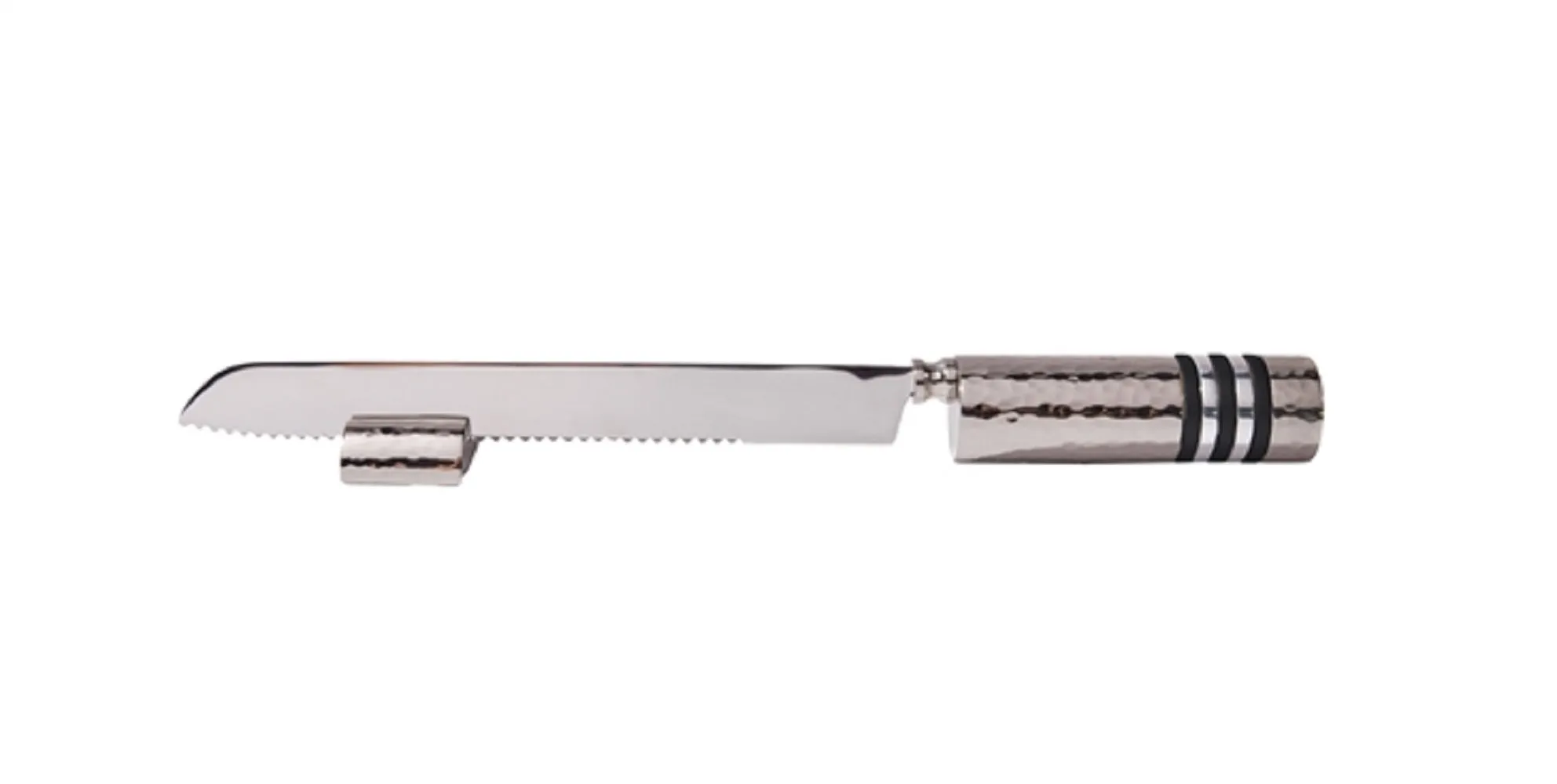 Ben and Jonah Challah Bread Knife with Stand- Hammered Nickel/Black Rings-13"L