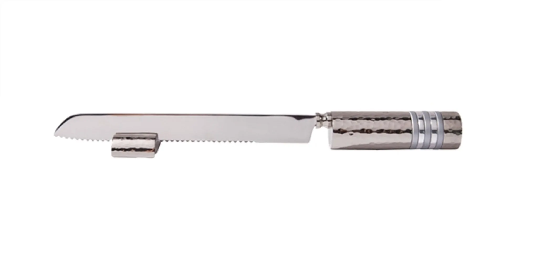 Ben and Jonah Challah Bread Knife with Stand- Hammered Nickel/Silver Rings-13"L