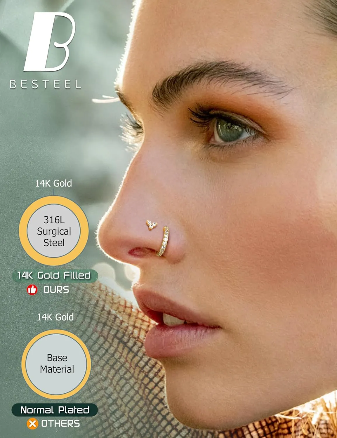 Besteel Gold Nose Rings for Women - 14K Gold Filled Hypoallergenic Surgical Steel Nose Ring Hoops 20G CZ Screw L Shaped Nose Studs Nose Piercings Jewelry for Women Men