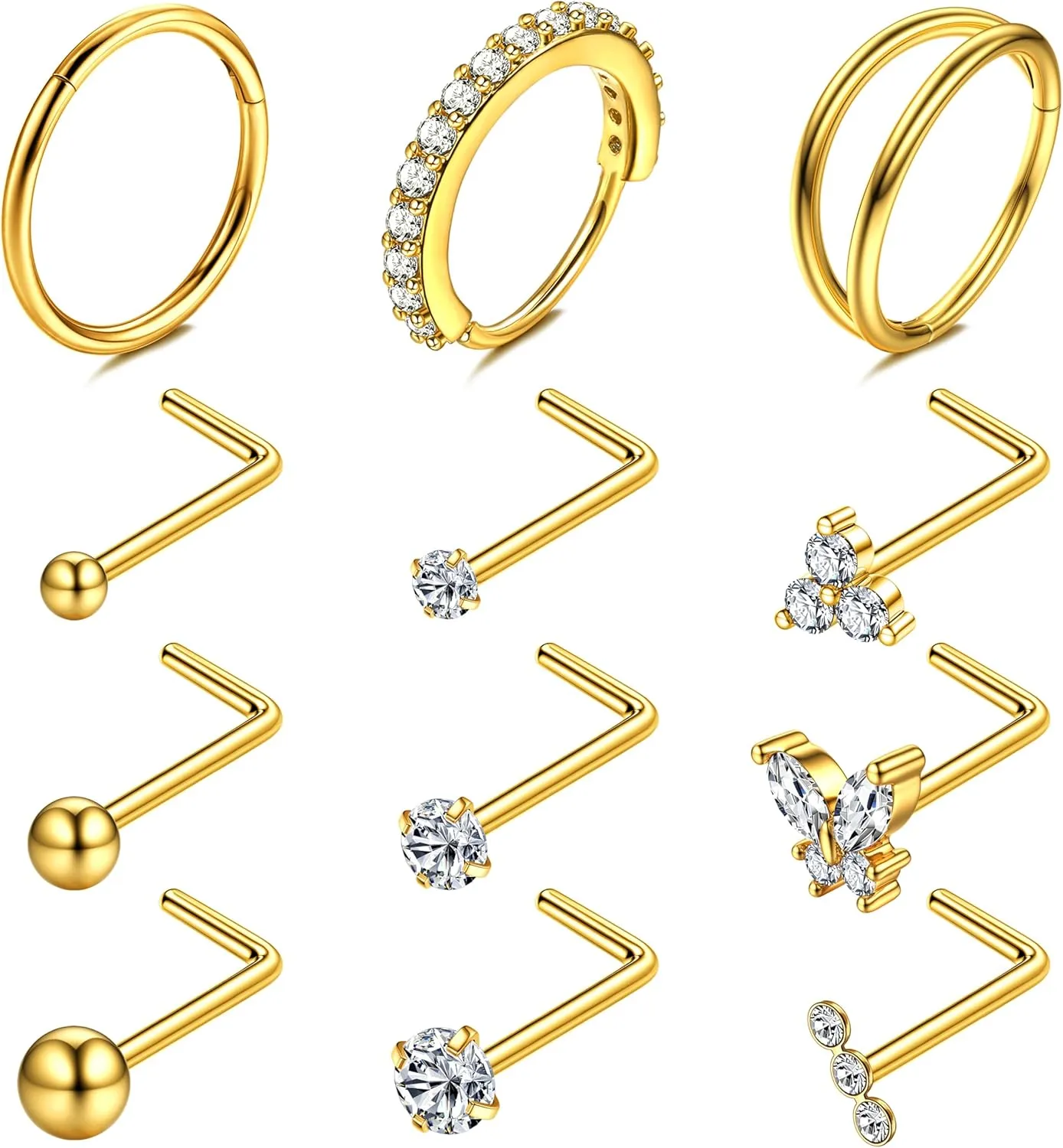 Besteel Gold Nose Rings for Women - 14K Gold Filled Hypoallergenic Surgical Steel Nose Ring Hoops 20G CZ Screw L Shaped Nose Studs Nose Piercings Jewelry for Women Men