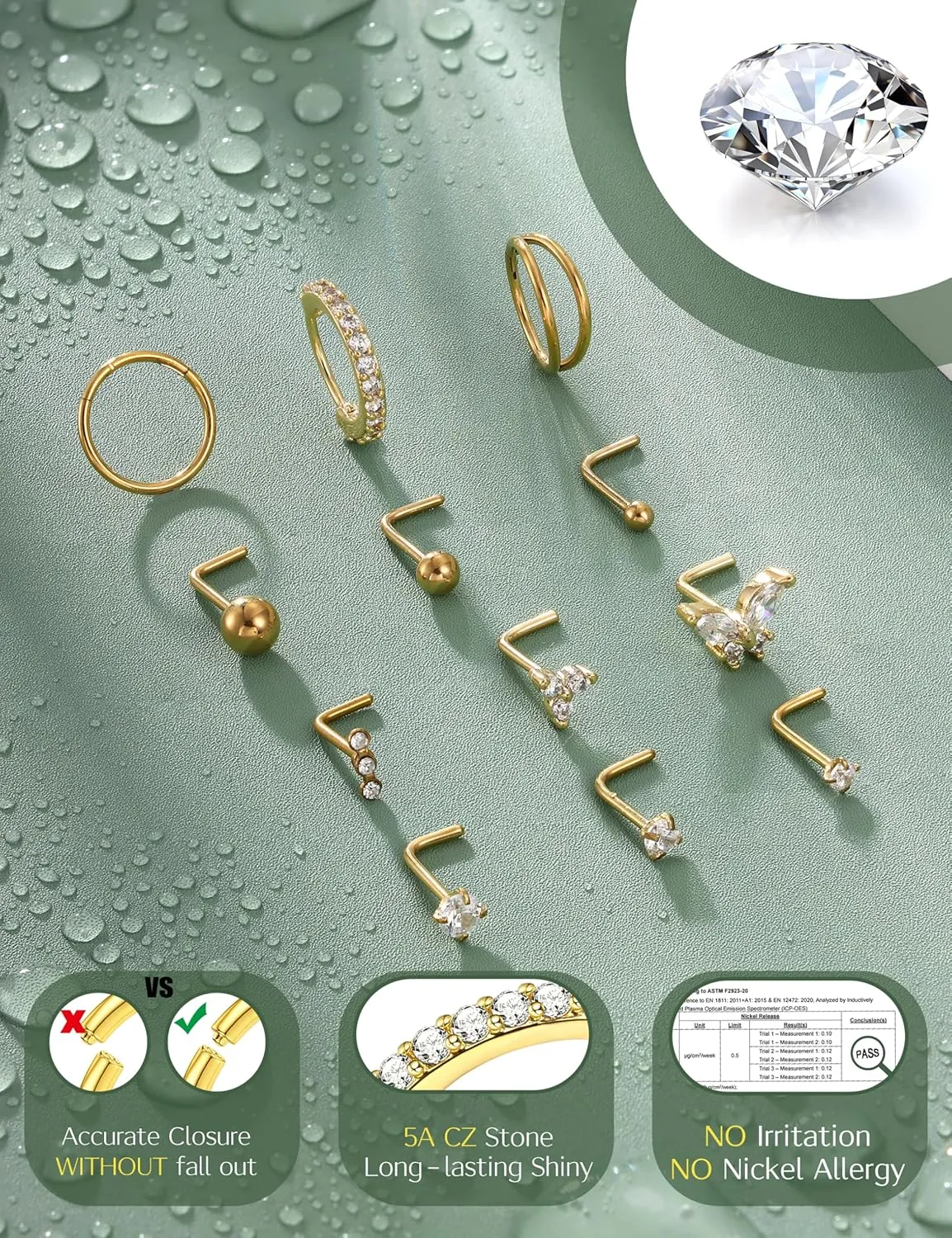 Besteel Gold Nose Rings for Women - 14K Gold Filled Hypoallergenic Surgical Steel Nose Ring Hoops 20G CZ Screw L Shaped Nose Studs Nose Piercings Jewelry for Women Men