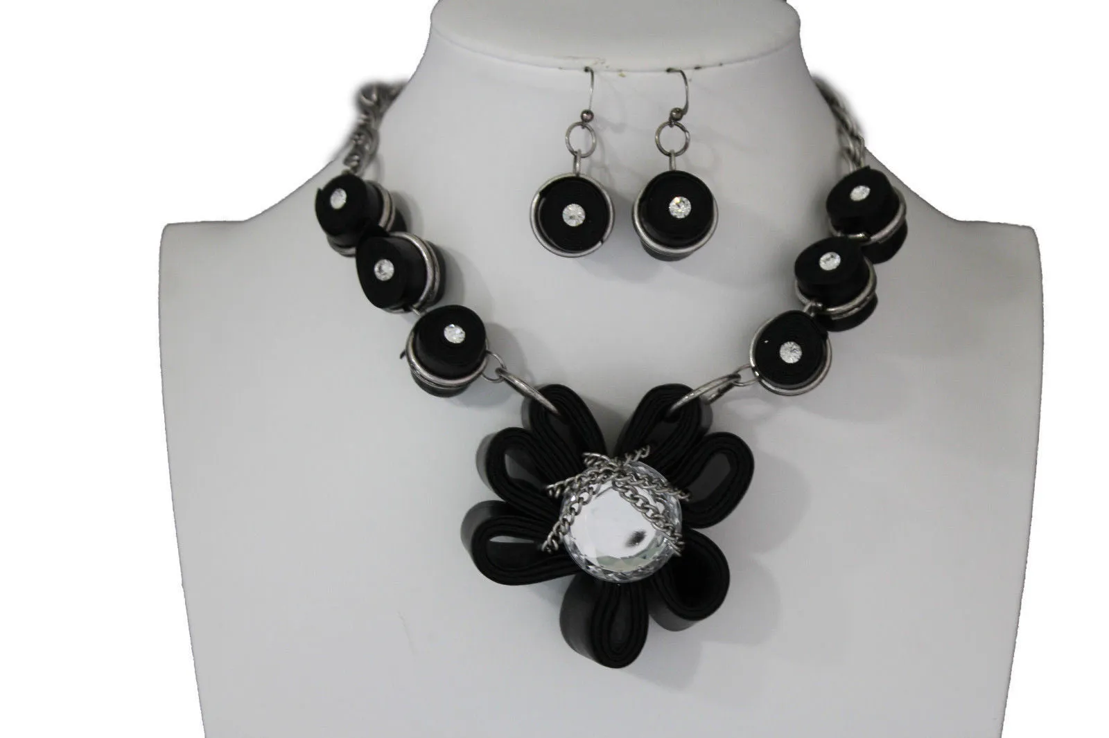 Black Big Fabric Flower Multi Circle Beads Earring Silver Chain Necklace Women