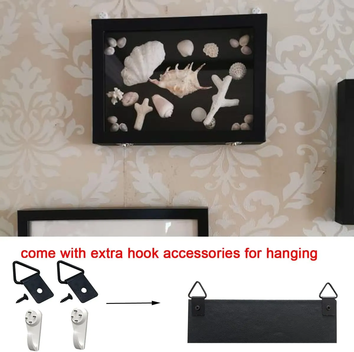 Black Dustproof Pin Display Case Shadow Box Frame with Hooks for Military Medal Jewelry Pin Badge Rings Necklaces Bracelets- 8x6 Inch