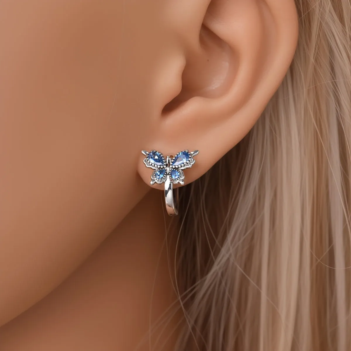 Blue Butterfly with Crystal Wings Hoop Earrings