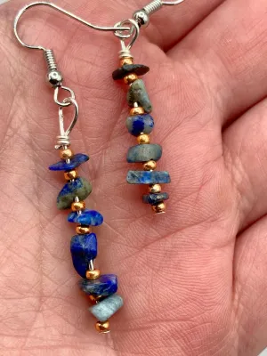 Blue Lapis Stone Chip Beaded Earrings, Hippie Vibe, Shabby Chic, Boho Chic, Nature Inspired, Bohemian