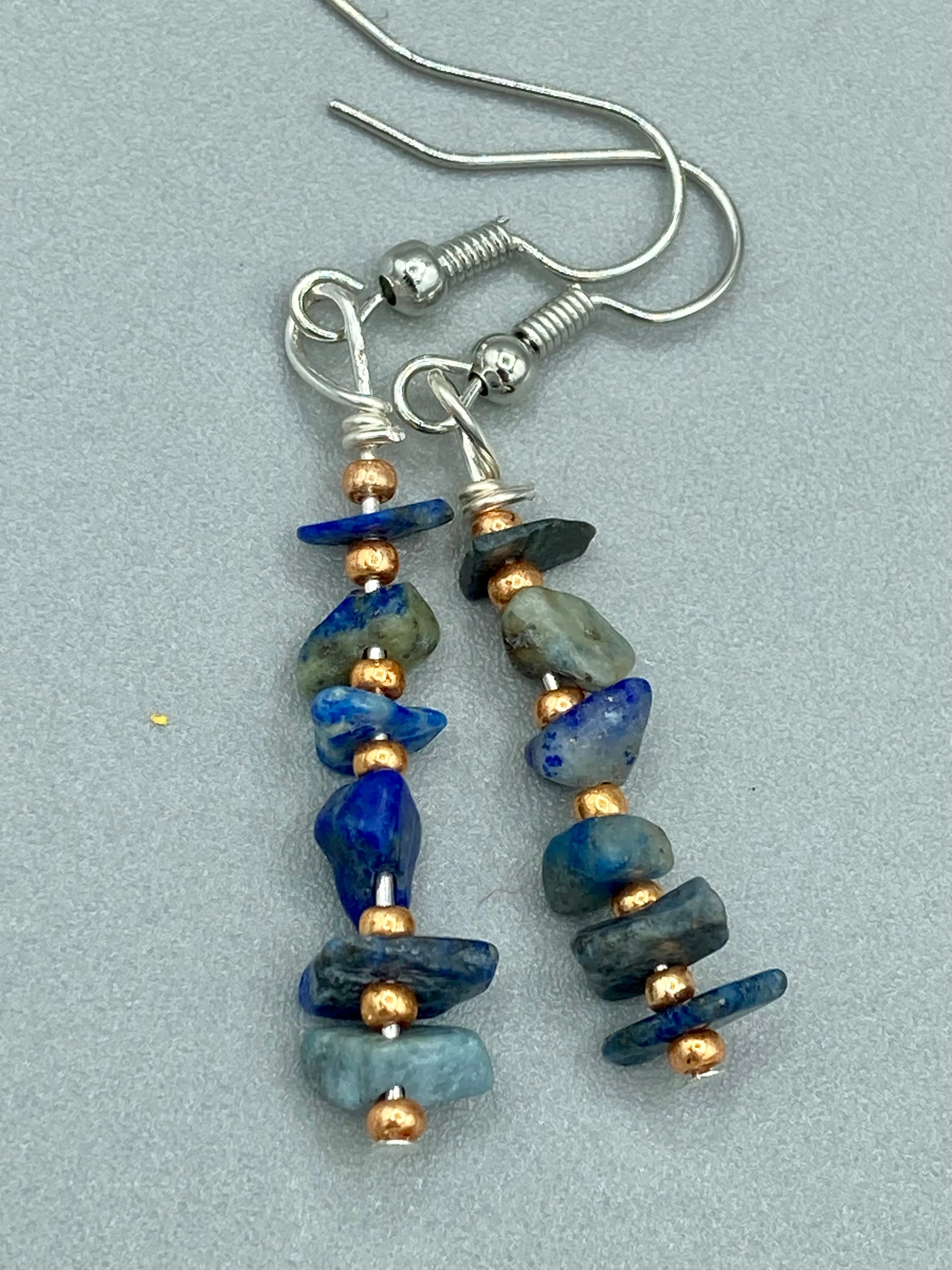 Blue Lapis Stone Chip Beaded Earrings, Hippie Vibe, Shabby Chic, Boho Chic, Nature Inspired, Bohemian