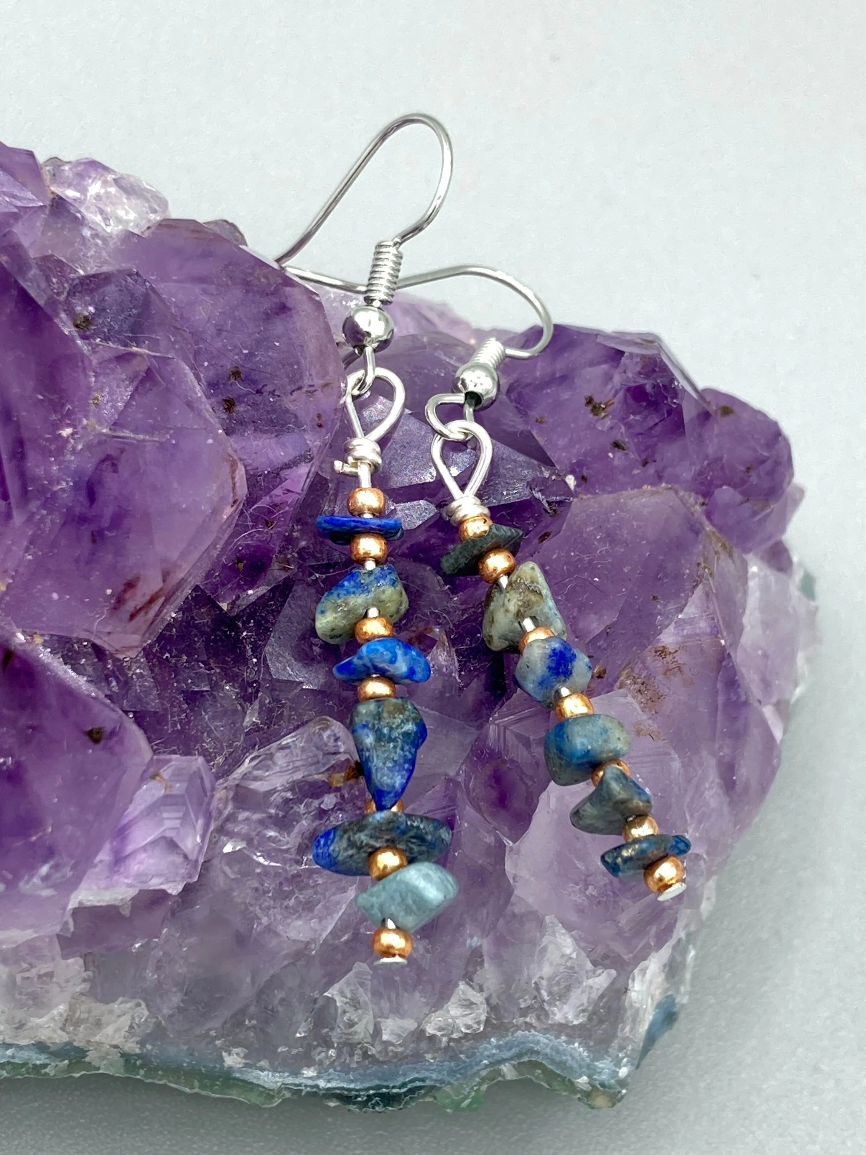 Blue Lapis Stone Chip Beaded Earrings, Hippie Vibe, Shabby Chic, Boho Chic, Nature Inspired, Bohemian