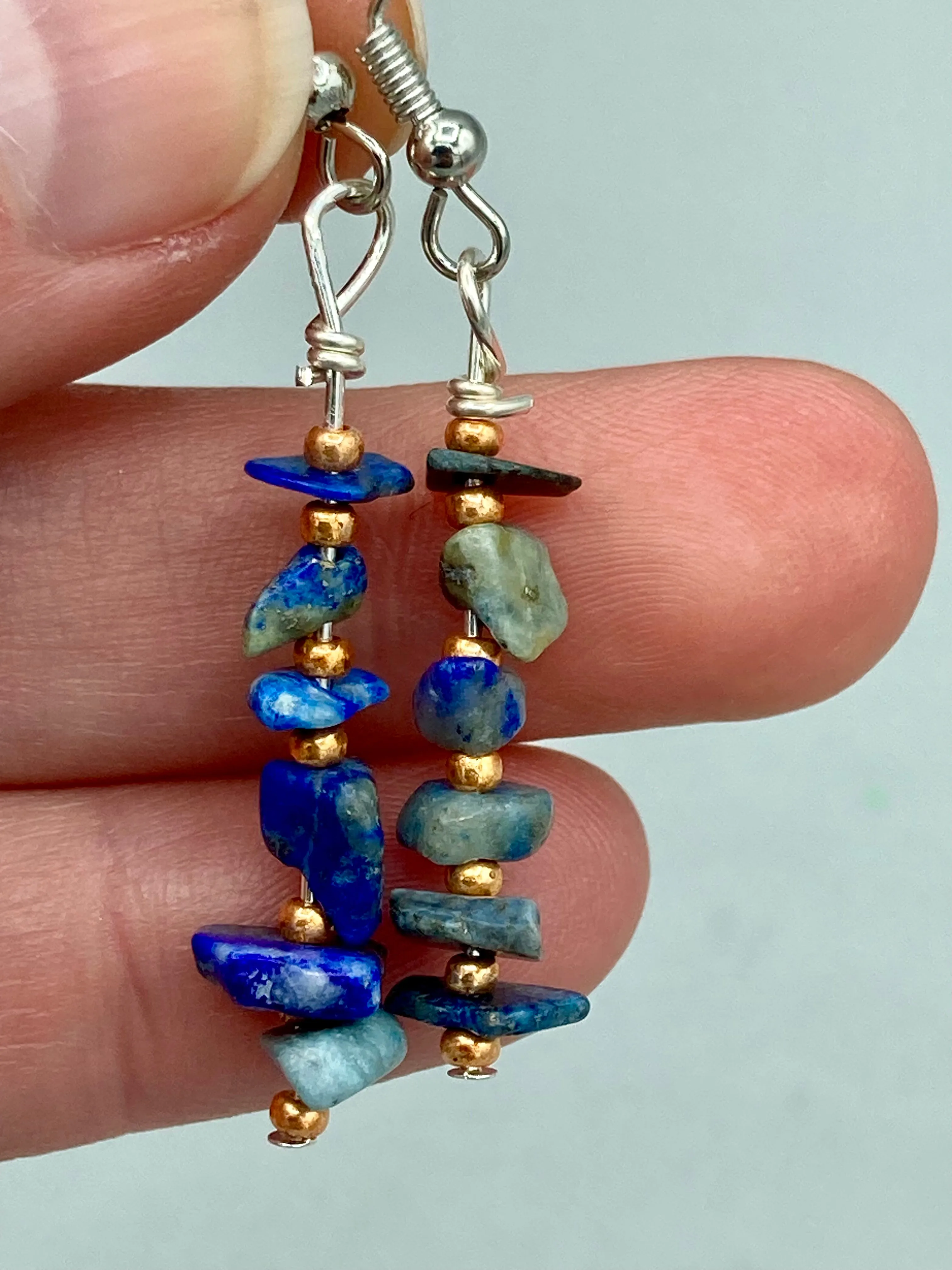 Blue Lapis Stone Chip Beaded Earrings, Hippie Vibe, Shabby Chic, Boho Chic, Nature Inspired, Bohemian