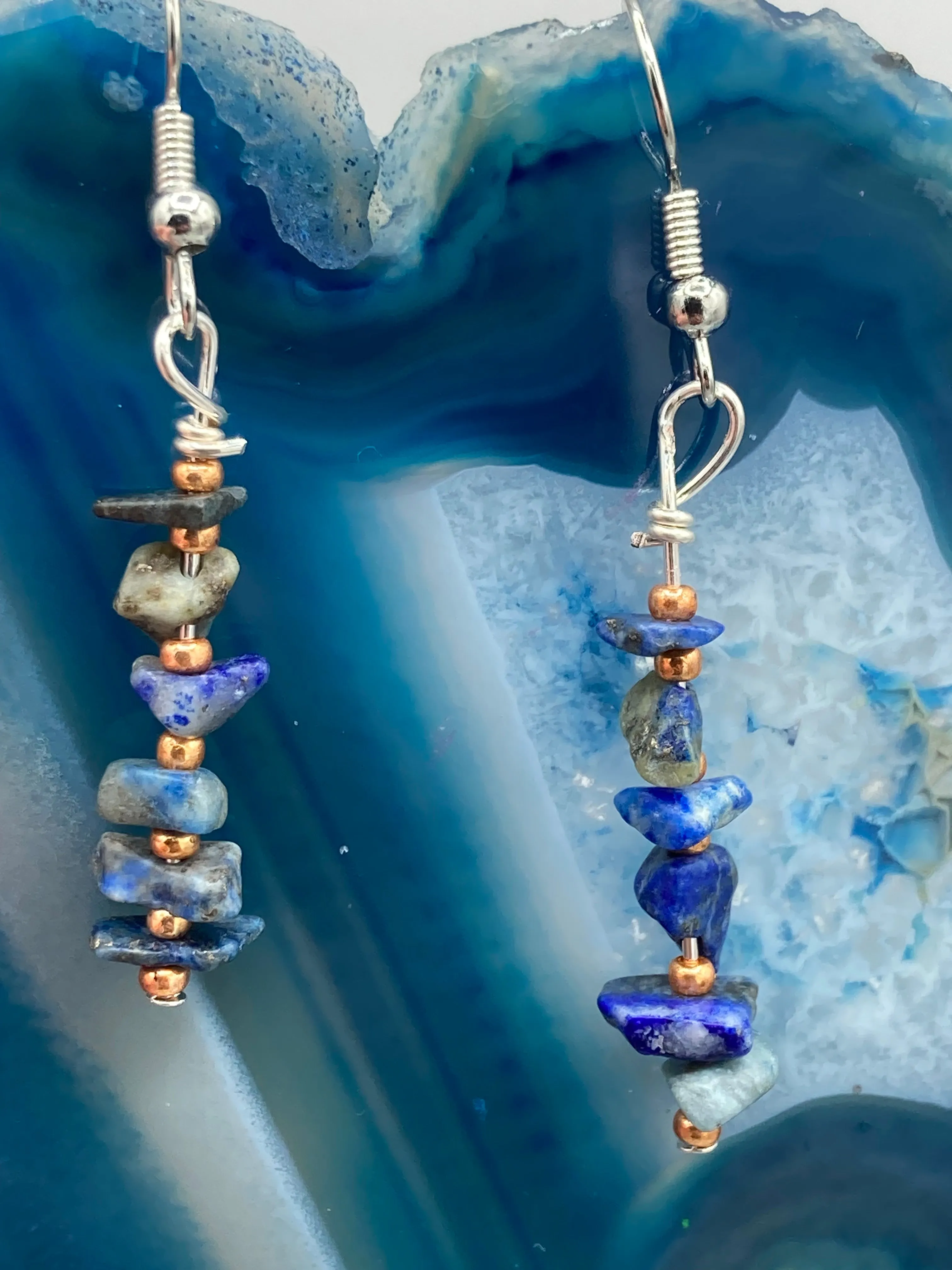 Blue Lapis Stone Chip Beaded Earrings, Hippie Vibe, Shabby Chic, Boho Chic, Nature Inspired, Bohemian