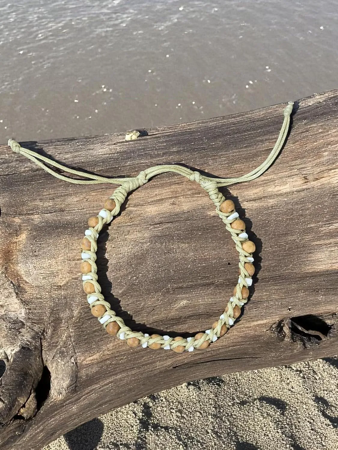 BlueRica Handmade Macrame Bracelet, Wood and Puka Shell Beads, Adjustable, Black Cord, Unisex