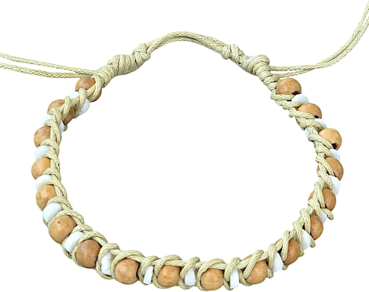 BlueRica Handmade Macrame Bracelet, Wood and Puka Shell Beads, Adjustable, Black Cord, Unisex