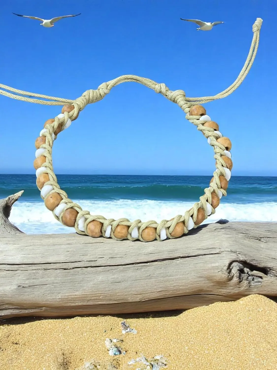 BlueRica Handmade Macrame Bracelet, Wood and Puka Shell Beads, Adjustable, Black Cord, Unisex