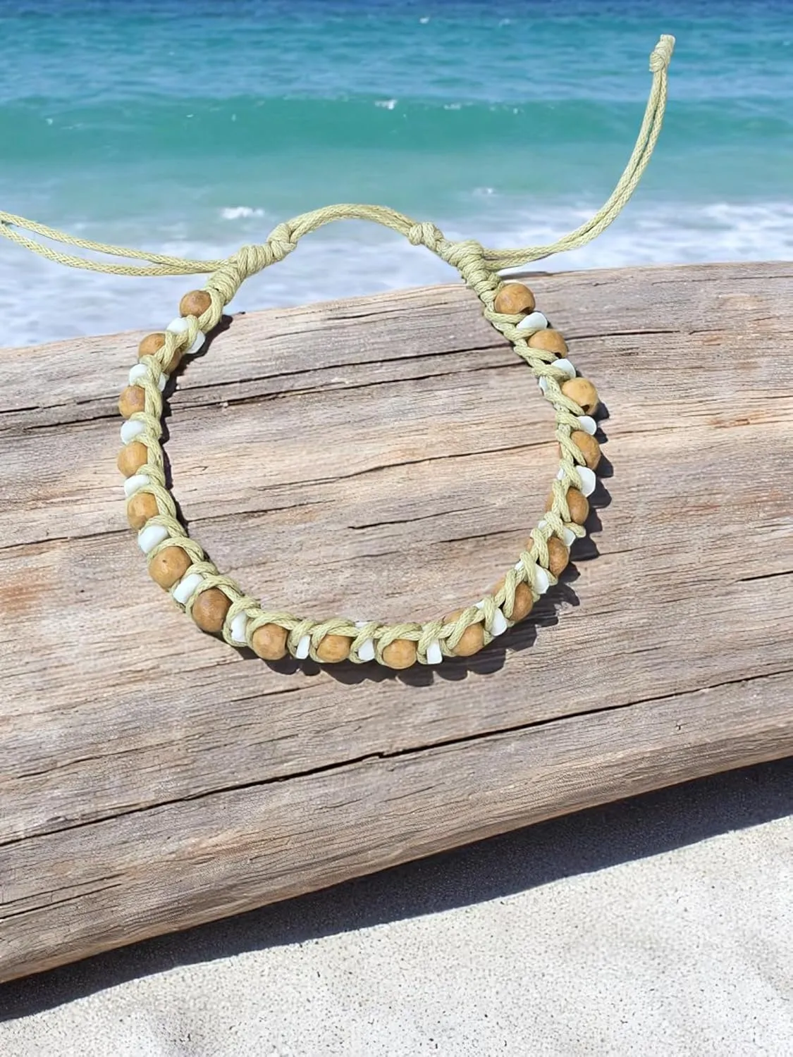 BlueRica Handmade Macrame Bracelet, Wood and Puka Shell Beads, Adjustable, Black Cord, Unisex