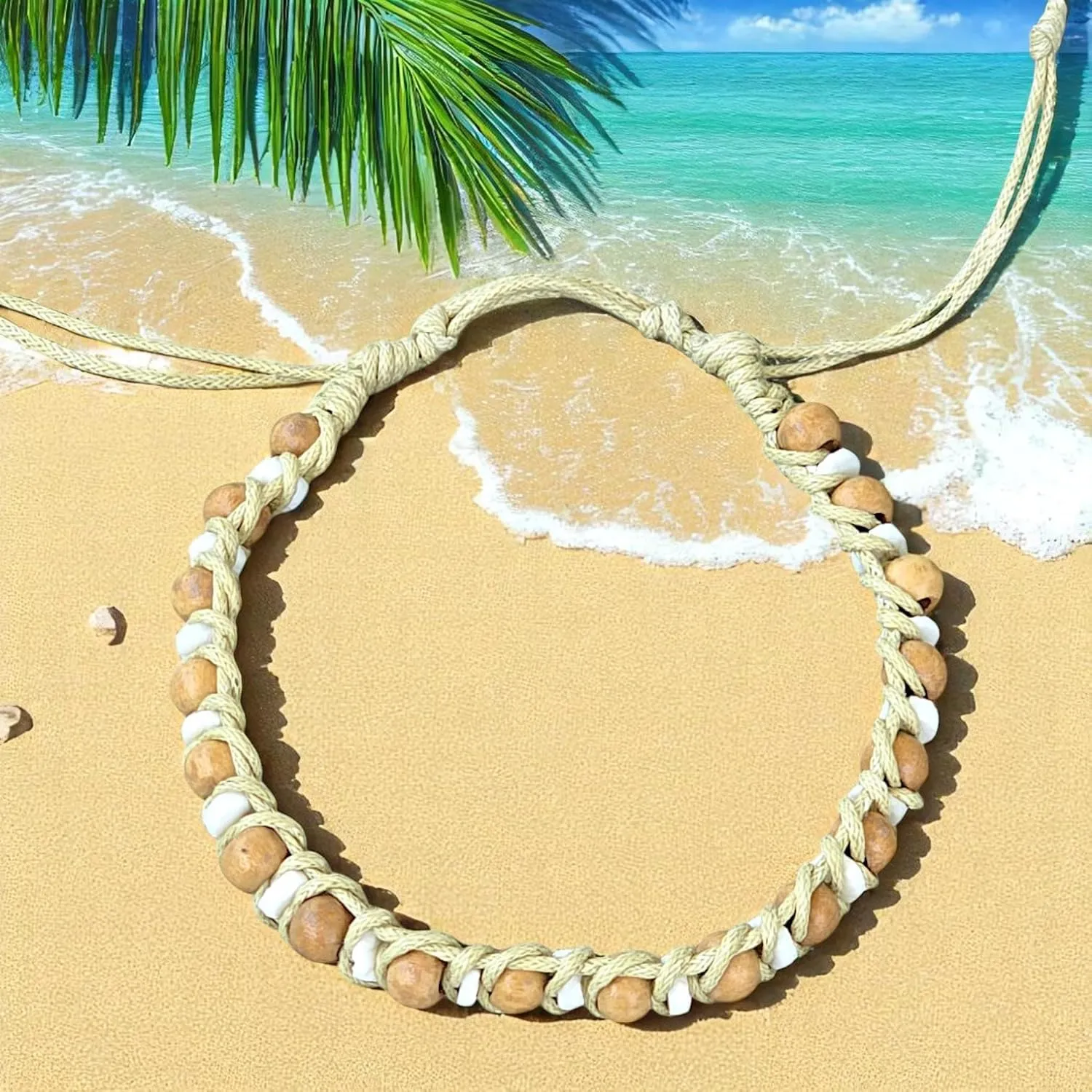 BlueRica Handmade Macrame Bracelet, Wood and Puka Shell Beads, Adjustable, Black Cord, Unisex