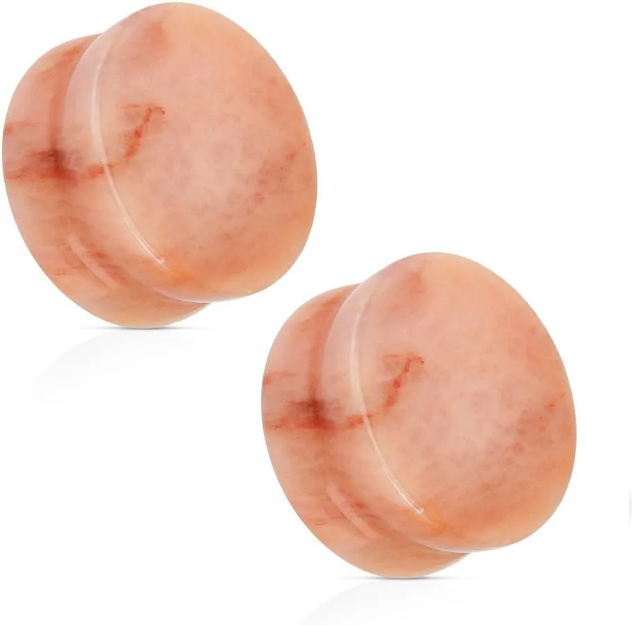 BodyJewelryOnline 2PCS Peach Jade Semi Precious Solid Stone Saddle Fit Plugs Ear Gauges Double Flared Flesh Tunnels Stretcher Expander Piercing 3mm-25mm
