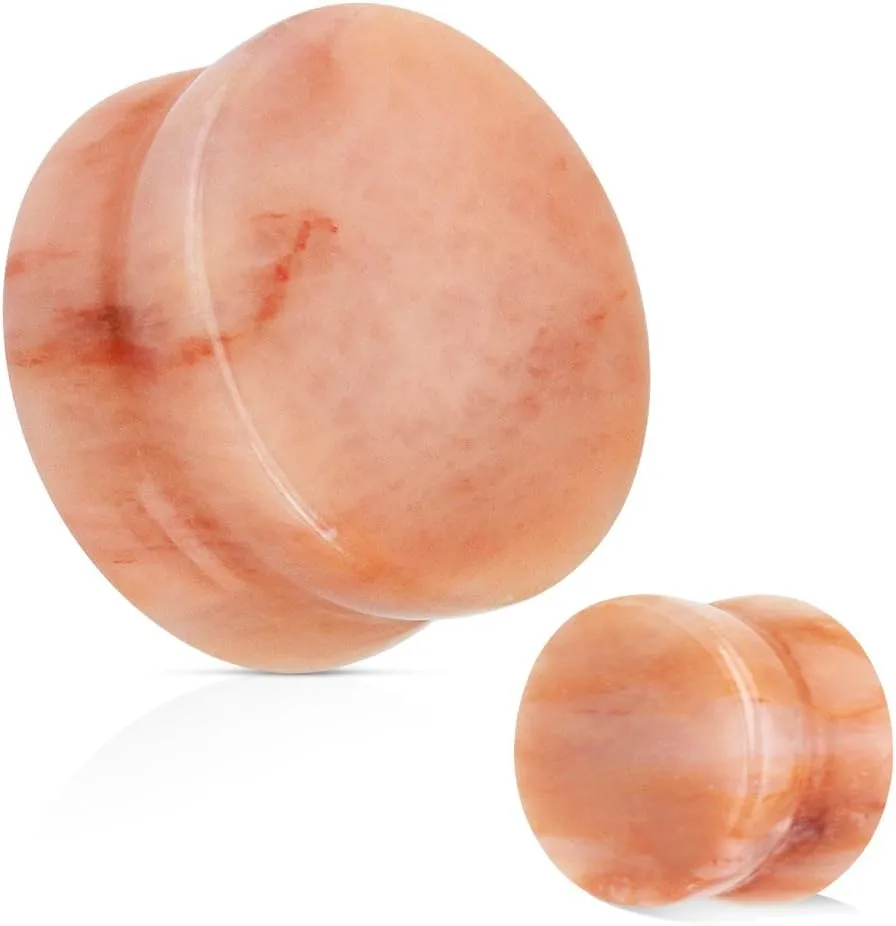 BodyJewelryOnline 2PCS Peach Jade Semi Precious Solid Stone Saddle Fit Plugs Ear Gauges Double Flared Flesh Tunnels Stretcher Expander Piercing 3mm-25mm