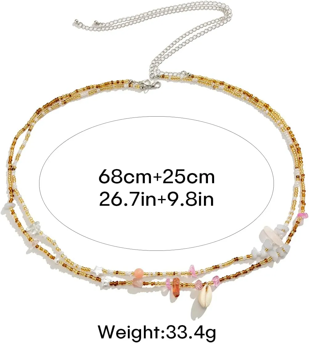 Boho African Waist Beads Chains Layered Shell Bead Belly Chain Body Jewelry Bikini Beach Accessories for Women and Girl, Silver