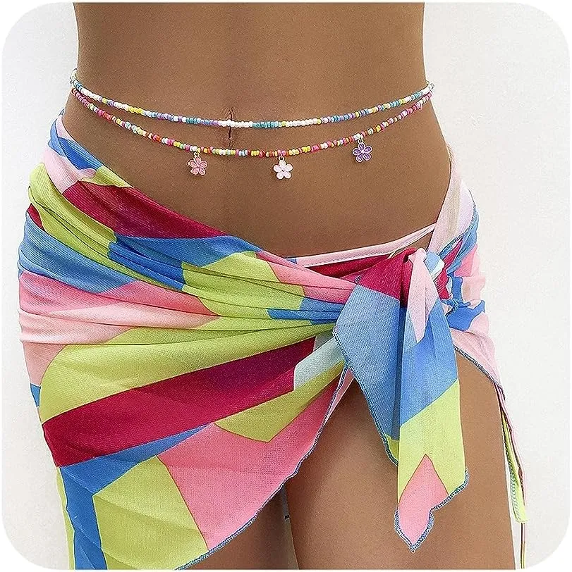 Boho African Waist Beads Chains Layered Shell Bead Belly Chain Body Jewelry Bikini Beach Accessories for Women and Girl, Silver