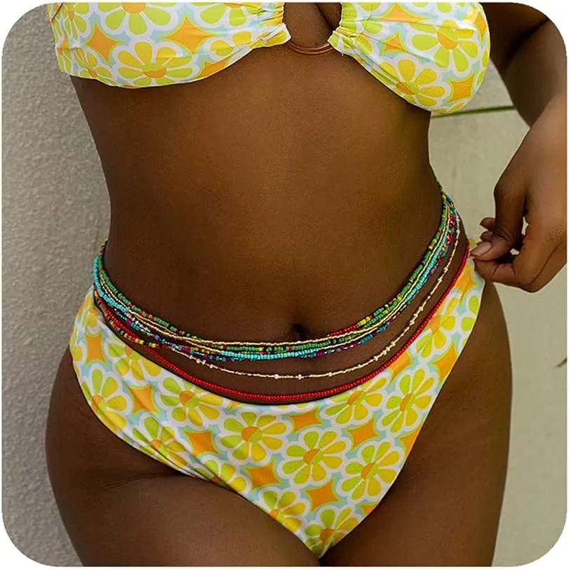 Boho African Waist Beads Chains Layered Shell Bead Belly Chain Body Jewelry Bikini Beach Accessories for Women and Girl, Silver