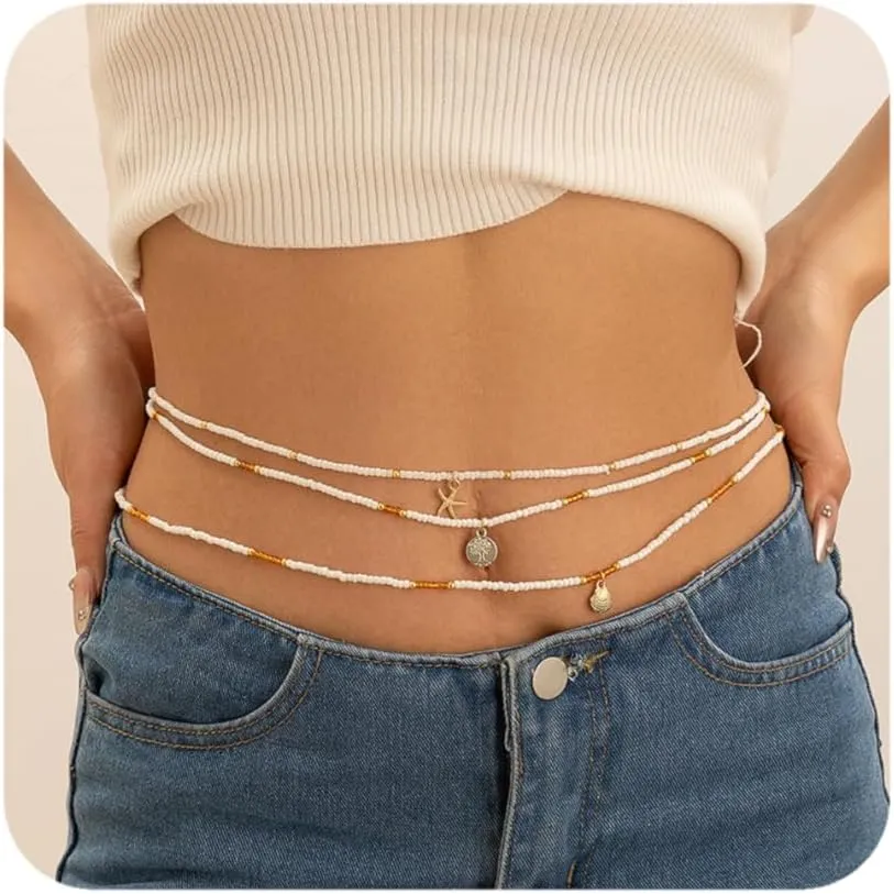 Boho African Waist Beads Chains - Layered Shell Bead Belly Chain, Stylish Body Jewelry for Bikini Beach Accessorizing, Ideal for Women and Girls
