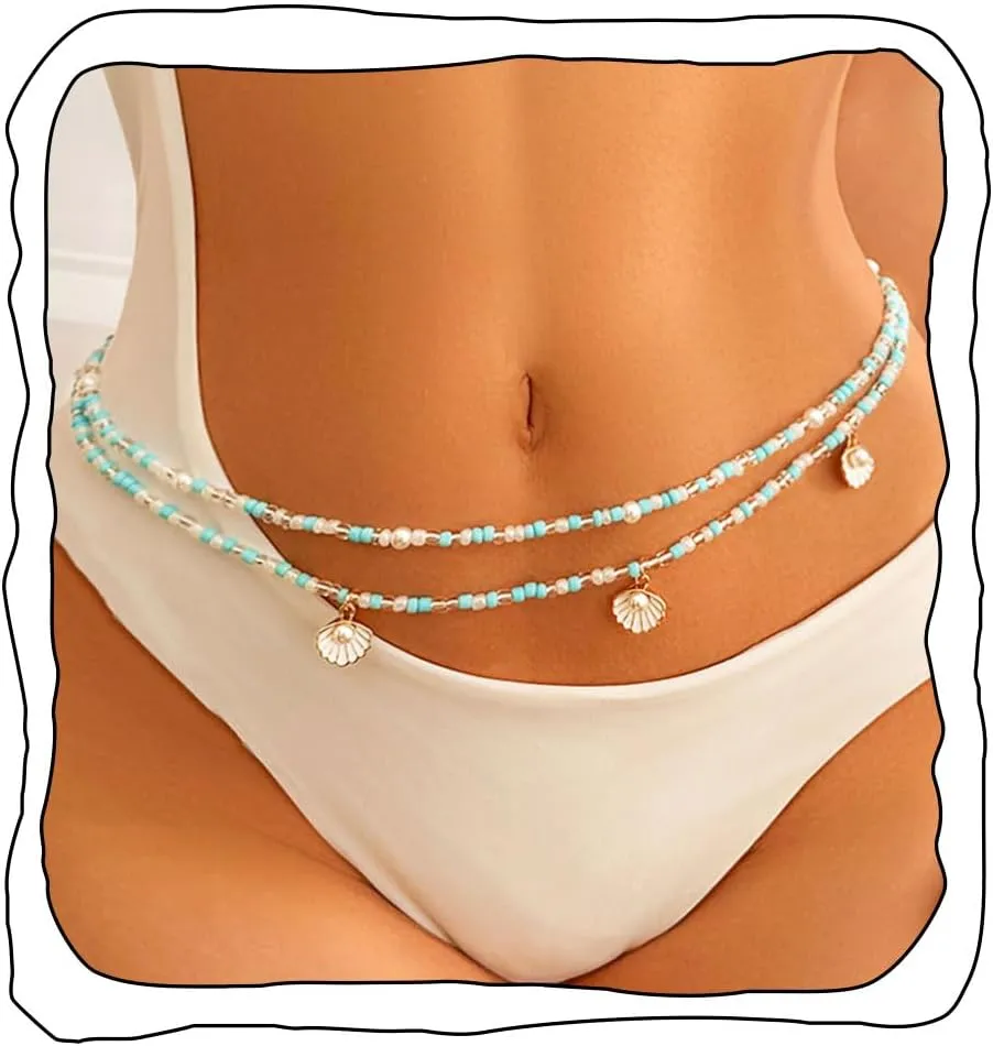 Boho Beaded Body Chain Pearl Shell Waist Chains Gold Butterfly Body Belly Chain Beach Bead Body Accessories for Women and Girls