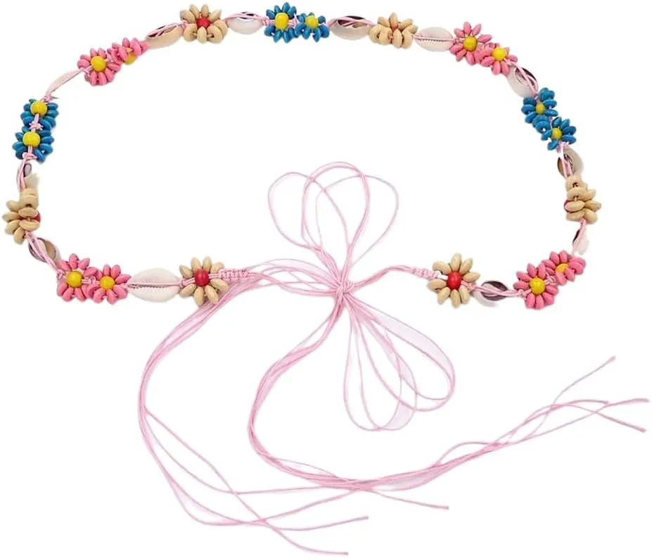 Boho Flower Waist Chain Body Chains Pink Woven Rope Belt with Tassel Colorful Daisy Floral Beads Shell Adjustable Belly Belt Body Chain Jewelry for Women
