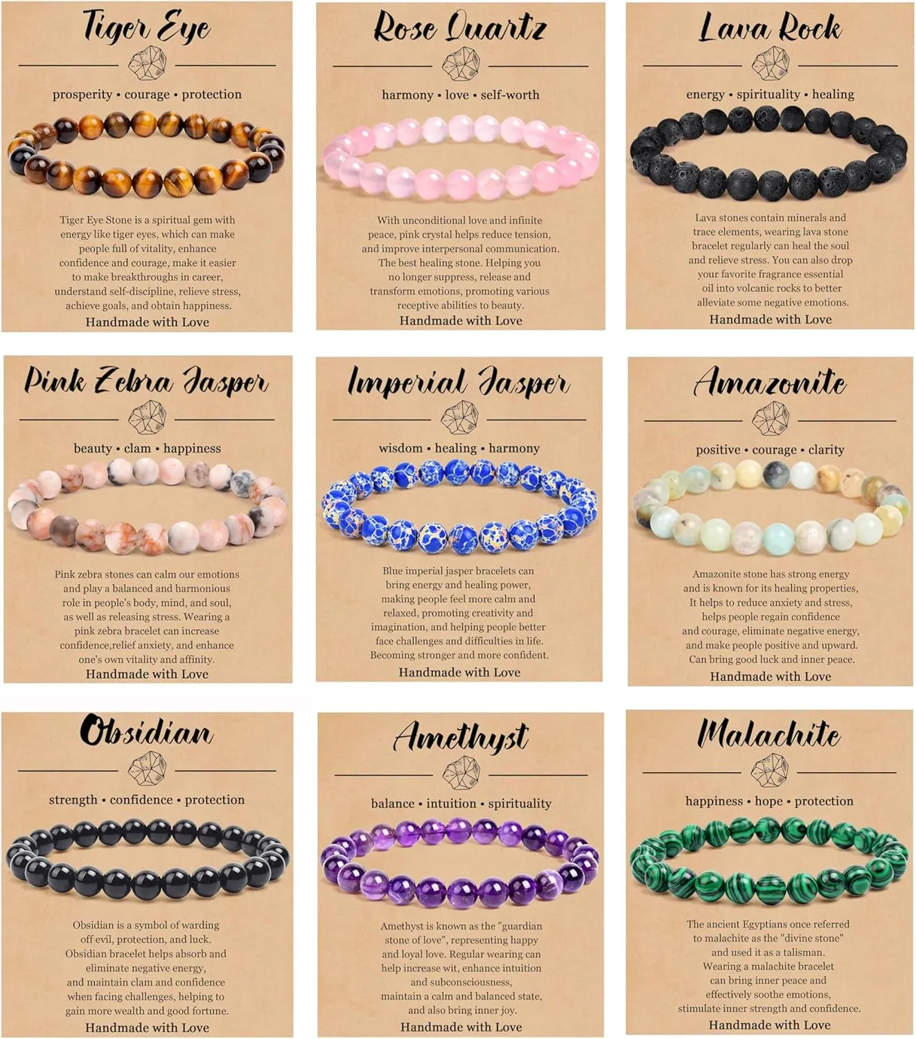 BOMAIL 9PCS Natural Crystal Bracelets for Women Men - 8mm Semi-Precious Gemstone Beaded Bracelets, Round Gemstones Stretch Bracelet, Yoga Bracelets Jewelry