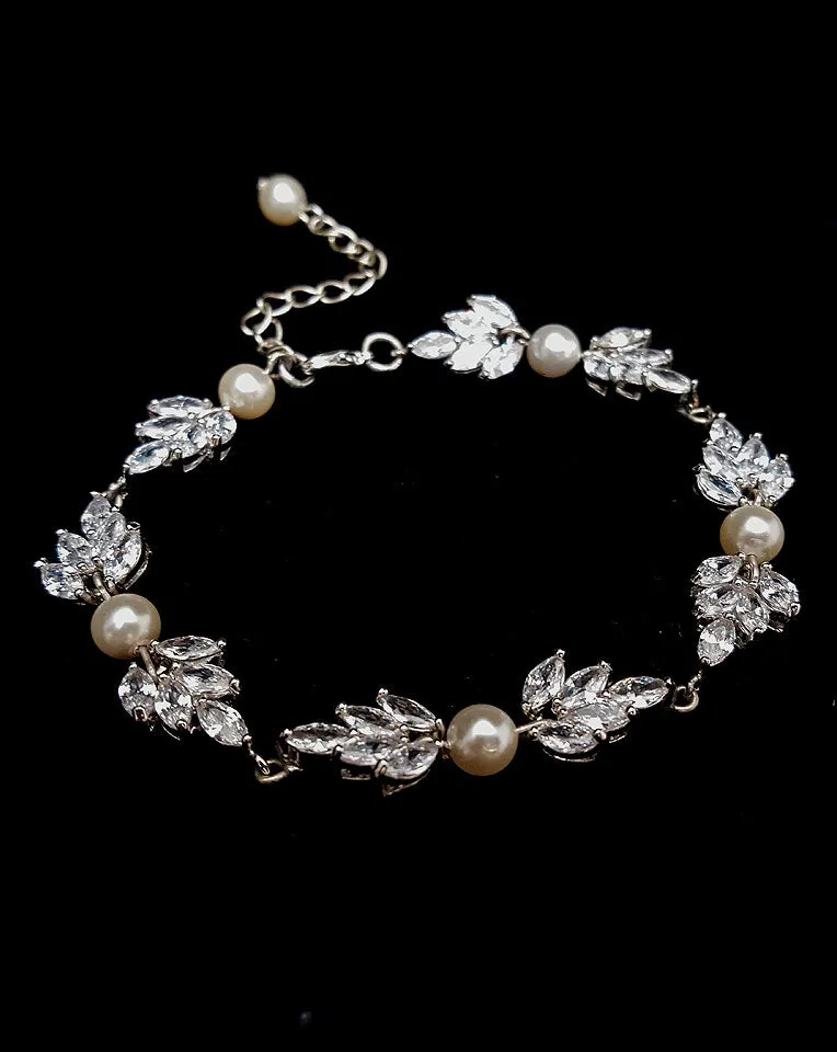Bridal bracelet- Bocheron pearl and crystal leaf bracelet by Stephanie Browne
