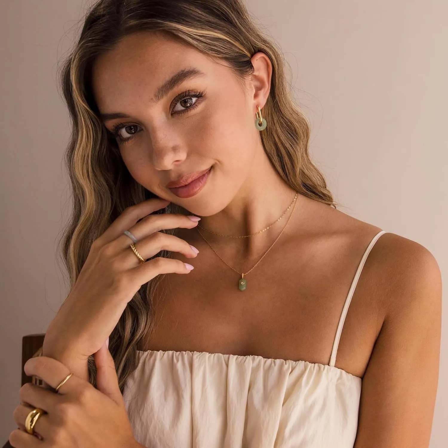 CAITLYNMINIMALIST Natural Jade Chunky 18K Gold Dangle Drop Bold Huggie Hoop Earrings for Women Gift for Her