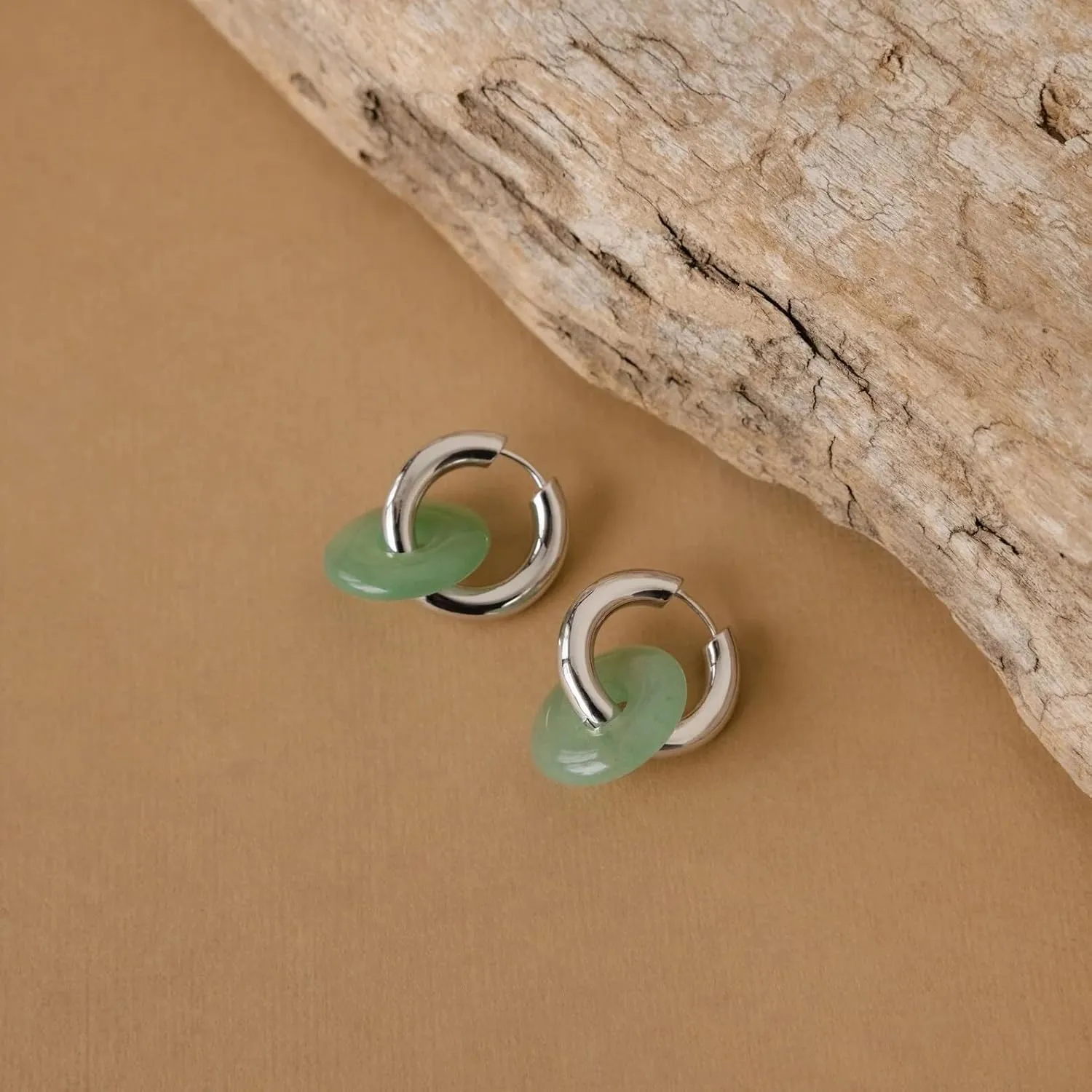 CAITLYNMINIMALIST Natural Jade Chunky 18K Gold Dangle Drop Bold Huggie Hoop Earrings for Women Gift for Her
