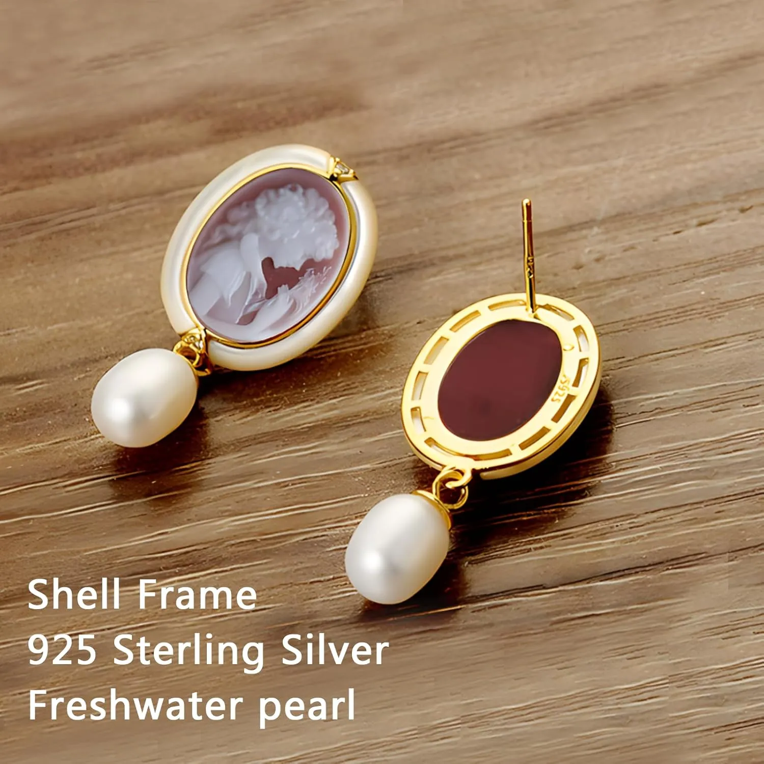 Cameo Earrings in Shell Frame, Vintage Jewelry 925 Sterling Silver Gold Pearl Cameo Stud Drop Earrings for Women