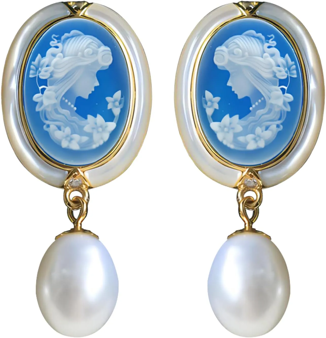 Cameo Earrings in Shell Frame, Vintage Jewelry 925 Sterling Silver Gold Pearl Cameo Stud Drop Earrings for Women