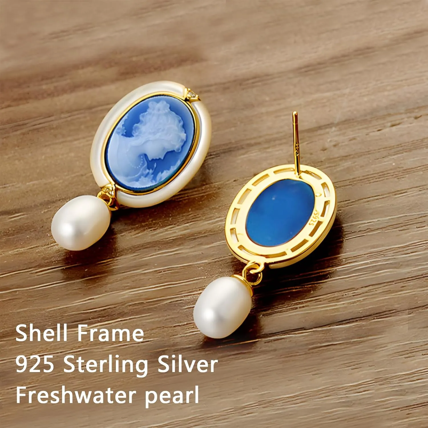 Cameo Earrings in Shell Frame, Vintage Jewelry 925 Sterling Silver Gold Pearl Cameo Stud Drop Earrings for Women