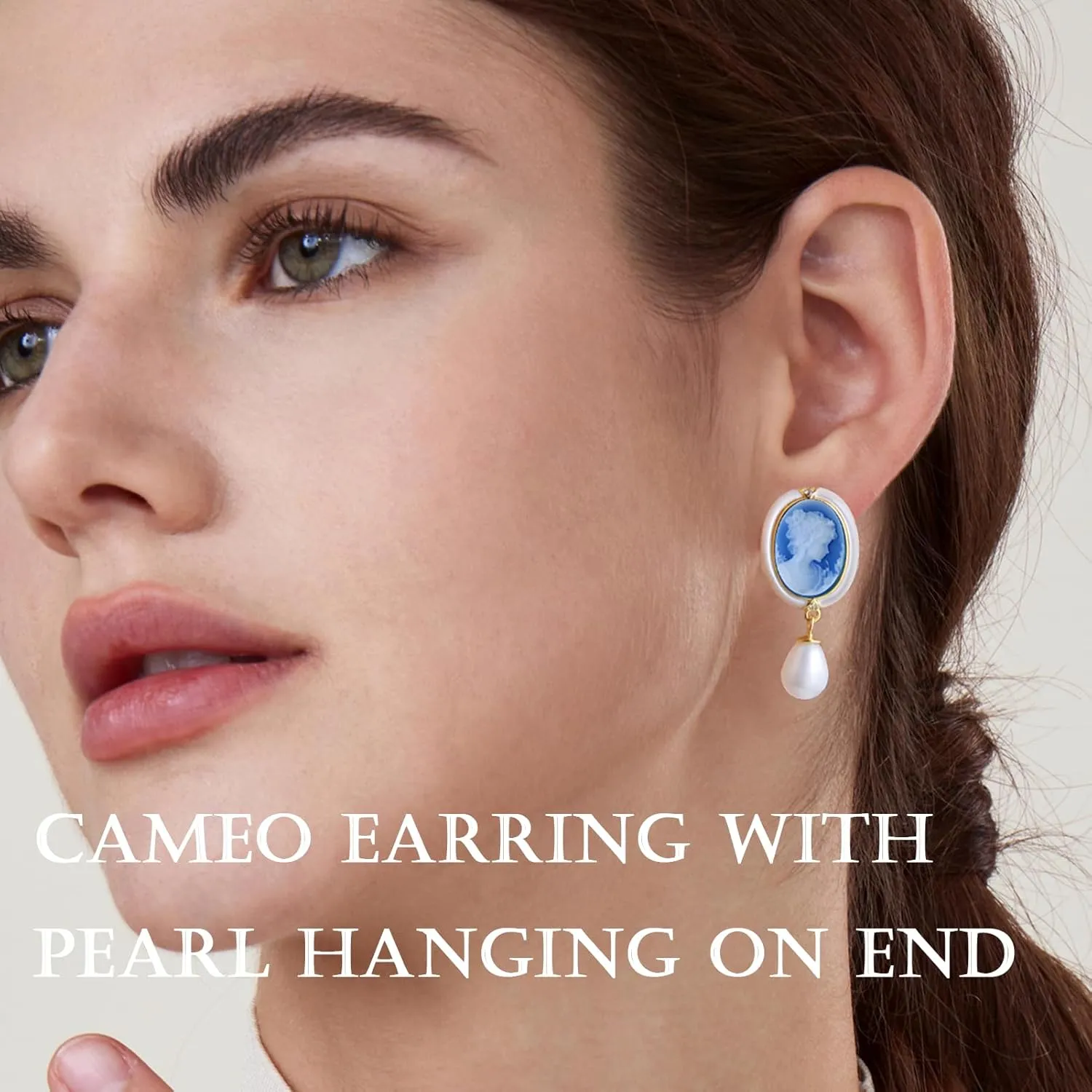 Cameo Earrings in Shell Frame, Vintage Jewelry 925 Sterling Silver Gold Pearl Cameo Stud Drop Earrings for Women