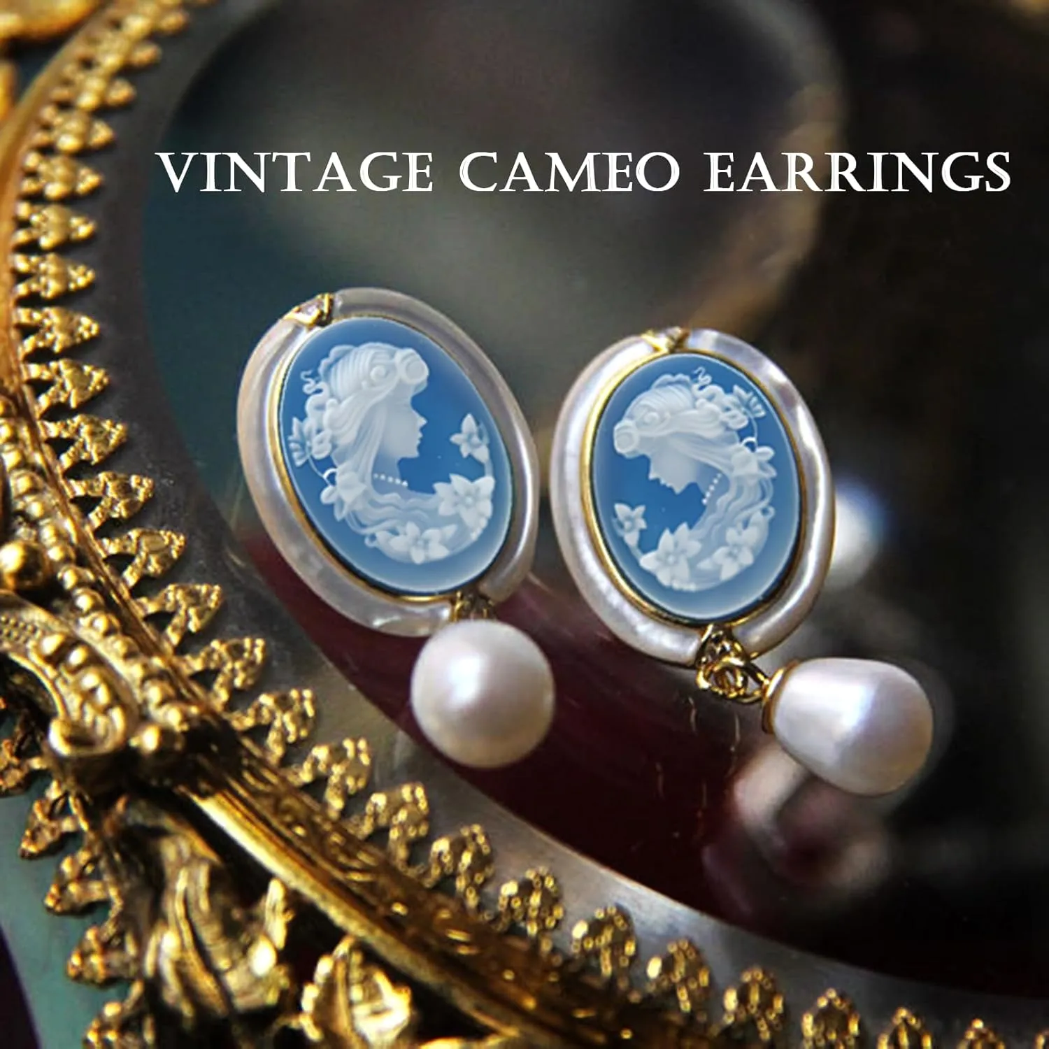 Cameo Earrings in Shell Frame, Vintage Jewelry 925 Sterling Silver Gold Pearl Cameo Stud Drop Earrings for Women