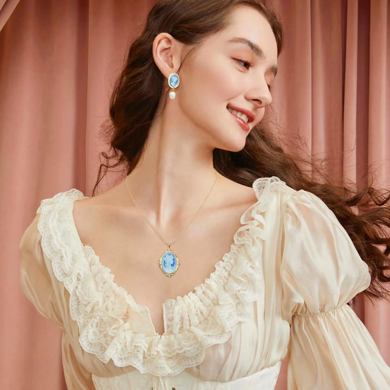Cameo Earrings in Shell Frame, Vintage Jewelry 925 Sterling Silver Gold Pearl Cameo Stud Drop Earrings for Women