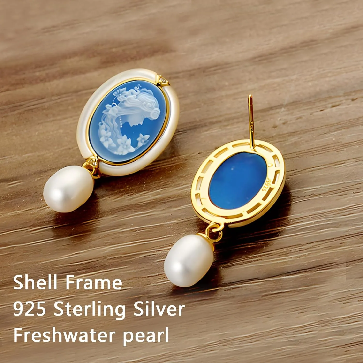 Cameo Earrings in Shell Frame, Vintage Jewelry 925 Sterling Silver Gold Pearl Cameo Stud Drop Earrings for Women