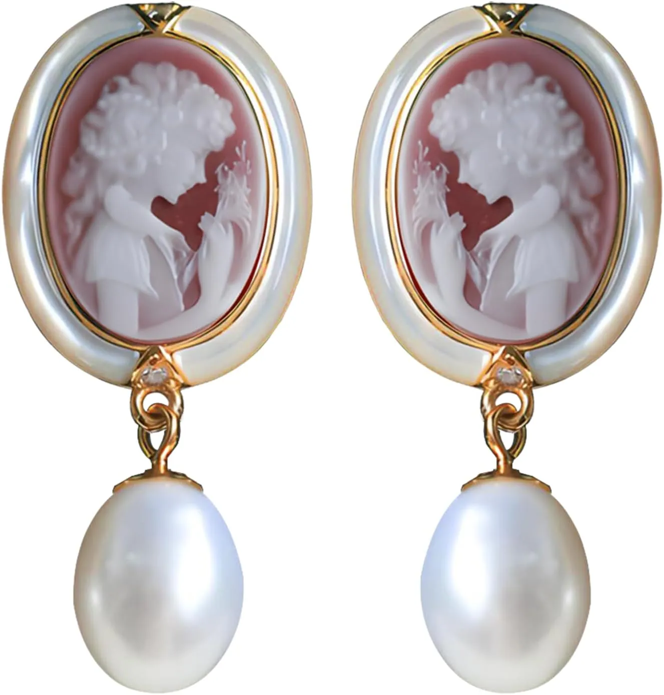 Cameo Earrings in Shell Frame, Vintage Jewelry 925 Sterling Silver Gold Pearl Cameo Stud Drop Earrings for Women