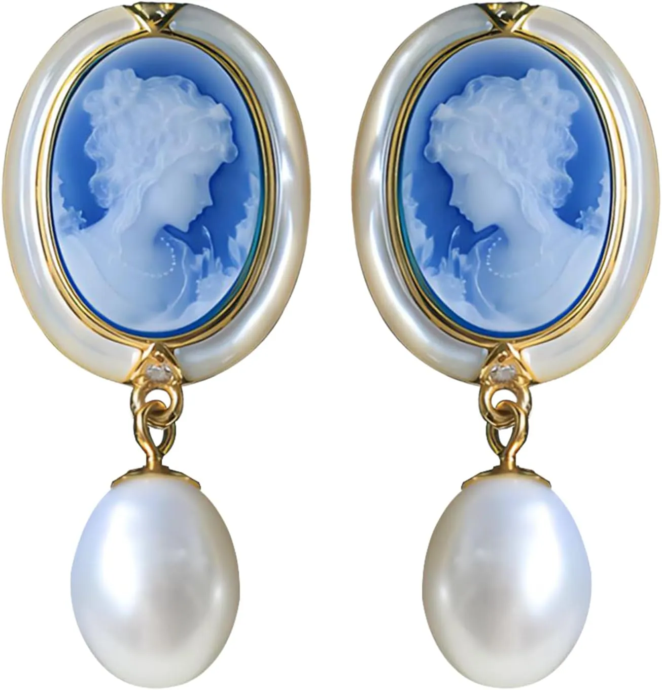 Cameo Earrings in Shell Frame, Vintage Jewelry 925 Sterling Silver Gold Pearl Cameo Stud Drop Earrings for Women