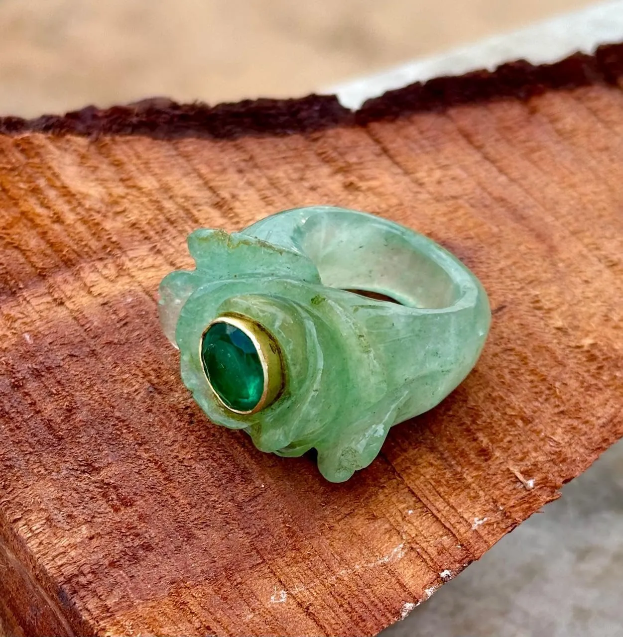Carved Green Jade Ring with Emerald Center Stone, Gold plated Bezel Setting, Statement Jewelry
