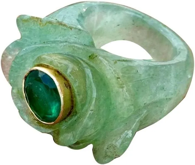 Carved Green Jade Ring with Emerald Center Stone, Gold plated Bezel Setting, Statement Jewelry