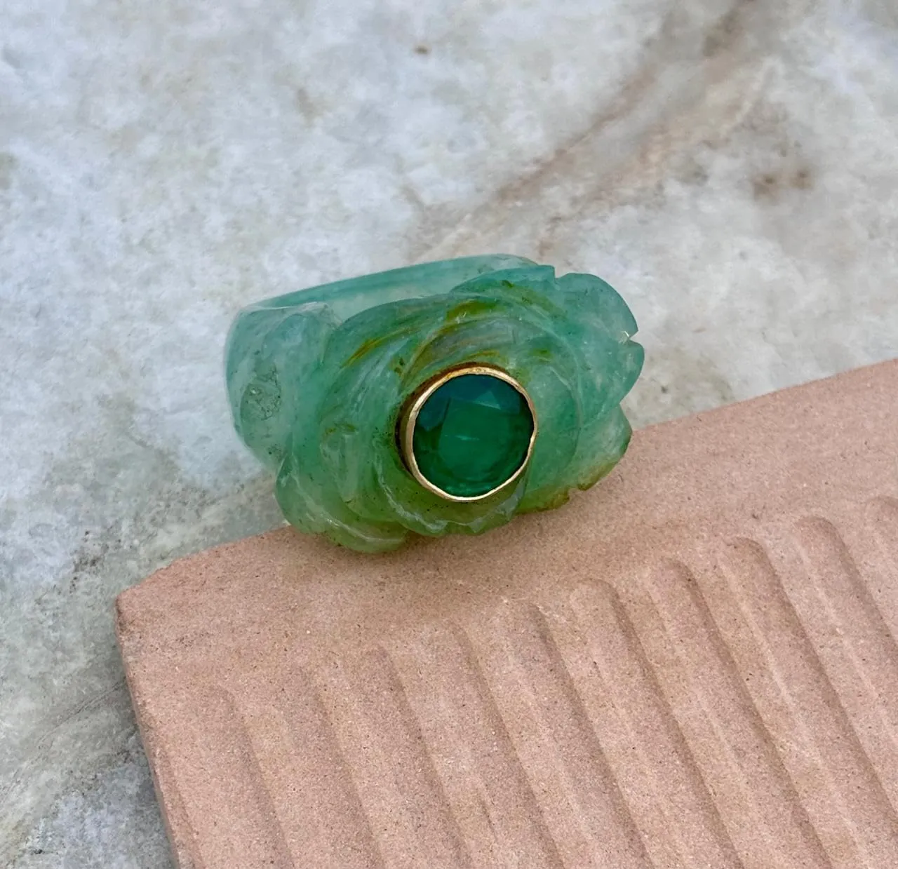 Carved Green Jade Ring with Emerald Center Stone, Gold plated Bezel Setting, Statement Jewelry