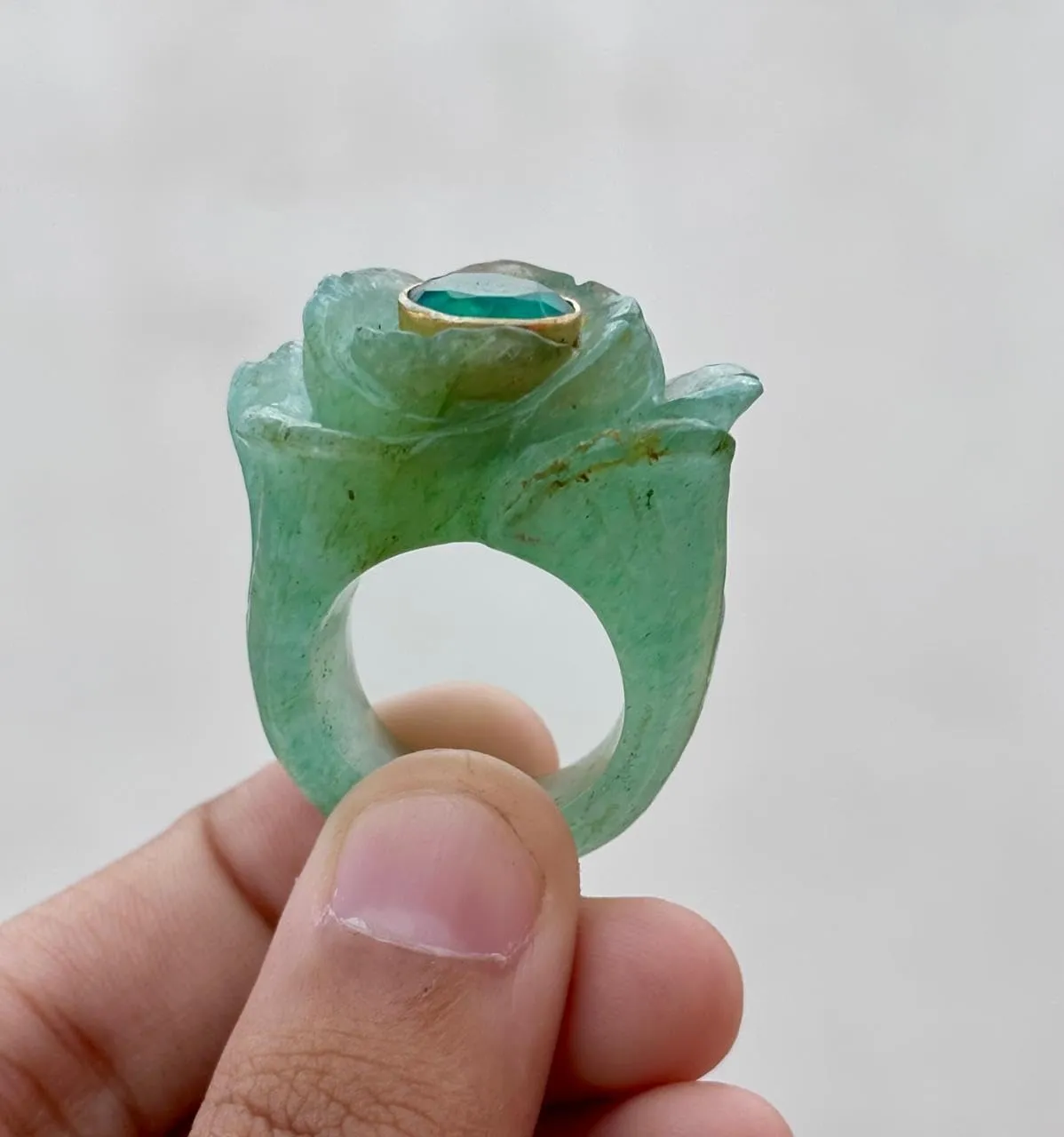 Carved Green Jade Ring with Emerald Center Stone, Gold plated Bezel Setting, Statement Jewelry