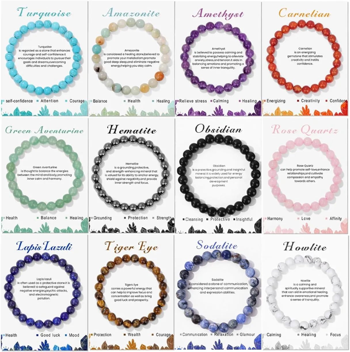 CASDAN 12Pcs Crystal Bracelets for Women Men 8mm Round Stone Beaded Bracelet Semi-Precious Gemstones Bracelet Energy stone Stretch Bracelet Jewelry Gifts