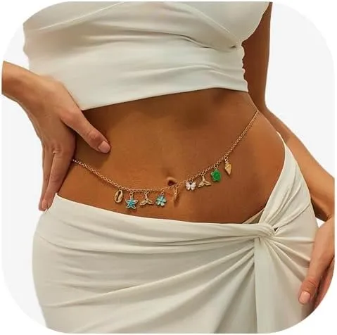 ChainGold Simple Starfish Shell Tassel Waist Chain Jewelry for Women Sexy Thin Metal Belly Body Chain Sexy Floral Pendant Summer Body