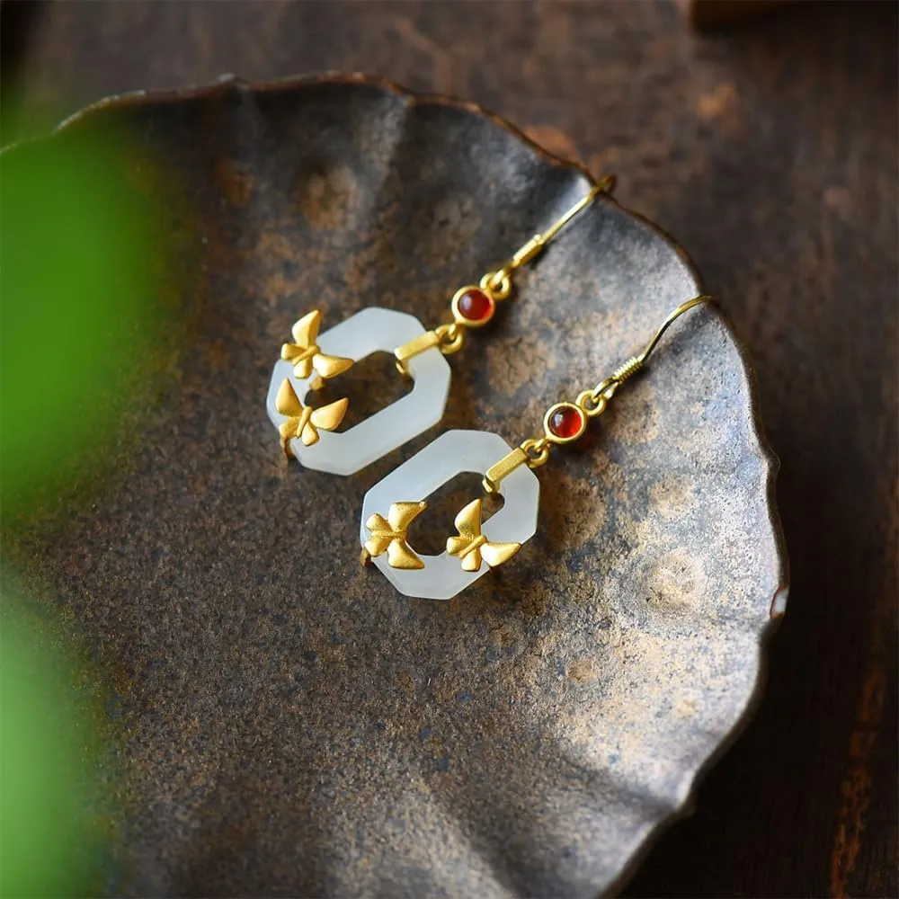Chinese Dangle Earrings,S925 Silver And Gold Plated With Natural White Jade Geometric Earrings for Women